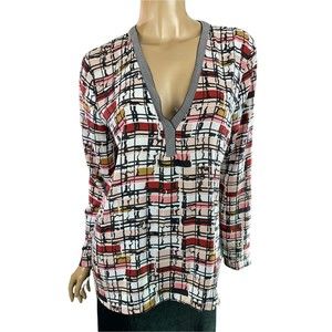 Halogen Blouse Top size M Long Sleeve Abstract Plaid White Pink Red V-Neck
